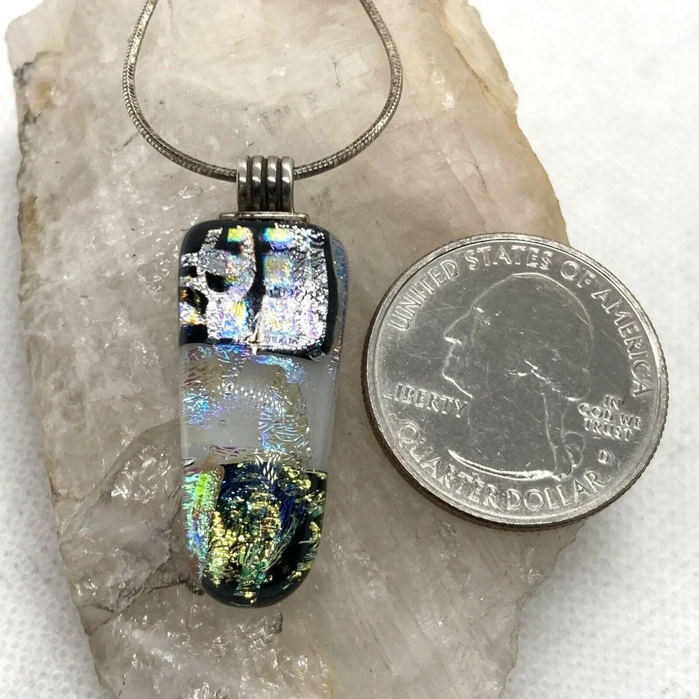 Vintage Dichroic Glass Pendant 16'' Chain Necklace Sterling 925 Silver‎ 8.9g